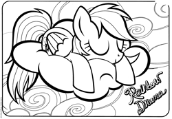 Size: 2995x2074 | Tagged: safe, rainbow dash, pegasus, pony, g4, official, black and white, cloud, coloring book, coloring page, eyes closed, female, folded wings, grayscale, mare, monochrome, on a cloud, sleeping, sleeping on a cloud, sleepydash, smiling, solo, stock vector, text, wings