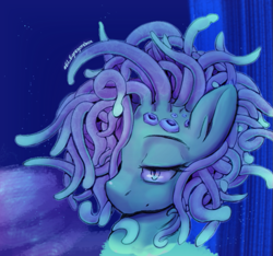 Size: 711x665 | Tagged: safe, artist:gorebox, oc, unnamed oc, pony, sea pony, seapony (g4), barnacles, bubble, flowing mane, glowing, ocean, sea anemone, signature, solo, swimming, underwater, water