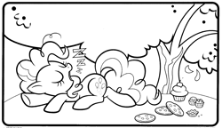 Size: 1877x1081 | Tagged: safe, pinkie pie, earth pony, pony, g4, official, black and white, candy, chocolate, coloring book, coloring page, cookie, cupcake, eyes closed, female, food, grayscale, lying down, mare, monochrome, onomatopoeia, open mouth, outdoors, sleeping, snoring, solo, sound effects, stock vector, tree, zzz