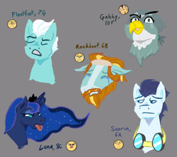 Size: 3300x2925 | Tagged: safe, artist:sud-scribbles, fleetfoot, gabby, princess luna, rockhoof, soarin', alicorn, earth pony, griffon, pegasus, pony, g4, crying, expression challange, eyes closed, female, floppy ears, goggles, goggles around neck, gritted teeth, horn, jewelry, male, mare, open mouth, sad, stallion, teeth, tiara, tongue out, unamused