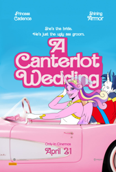 Size: 1280x1897 | Tagged: safe, artist:hibiscuit-rose, princess cadance, shining armor, human, a canterlot wedding, g4, barbie, barbie (film), car, clothes, dress, duo, duo male and female, female, gloves, grin, horn, horned humanization, humanized, looking at you, male, meme, pony coloring, ship:shiningcadance, shipping, smiling, smiling at you, straight, text, the bride and the ugly ass groom, veil, wedding dress, wedding veil, winged humanization, wings