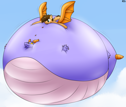 Size: 3344x2844 | Tagged: safe, artist:the-furry-railfan, oc, oc:bobby seas, dragon, pony, unicorn, cloud, cloudy, disney, epcot, figment, floating, horn, inflated tail, inflated wings, inflation, puffy cheeks, snuggling, tail, wings