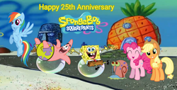Size: 1518x772 | Tagged: safe, artist:lizzmcclin, applejack, pinkie pie, rainbow dash, g4, 25th anniversary, female, gary the snail, male, nickelodeon, patrick star, spongebob squarepants, spongebob squarepants (character), spongebob squarepants 25th anniversary
