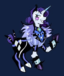 Size: 946x1123 | Tagged: safe, artist:justvoidsdumbstuff1, rarity, pony, unicorn, g4, alternate design, alternate hairstyle, alternate tailstyle, blue background, clothes, coat, colored hooves, colored sketch, cutie mark on clothes, eyelashes, eyeshadow, female, hair bun, horn, horn cap, jacket, lidded eyes, looking back, makeup, mare, monocle, navy background, pants, profile, purple mane, purple tail, raised hoof, redesign, shiny hooves, simple background, sketch, smiling, solo, standing, tail, tail bun, tied mane, tied tail, unshorn fetlocks, white coat