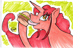 Size: 1024x677 | Tagged: safe, artist:doriesdoodles, oc, oc:khunis jirall, alicorn, genie, genie pony, pony, burger, commission, convention, deviantart watermark, food, licking, male, obtrusive watermark, signature, solo, tongue out, watermark