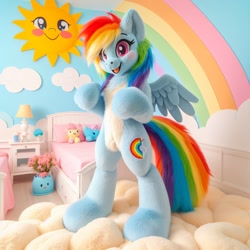 Size: 1024x1024 | Tagged: safe, ai content, generator:bing image creator, generator:dall-e 3, prompter:szaladon, rainbow dash, pegasus, g4, ai realisticgenerated, bed, bedroom, cute, dashabetes, realistic, solo, sun