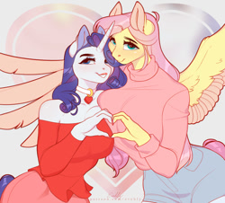 Size: 1000x902 | Tagged: safe, alternate version, artist:evehly, fluttershy, rarity, pegasus, unicorn, anthro, g4, asymmetrical docking, big breasts, breasts, busty fluttershy, busty rarity, clothes, duo, duo female, female, heart hands, horn, huge breasts