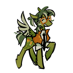 Size: 800x800 | Tagged: safe, artist:camo_ty, oc, oc only, oc:radio active, pegasus, pony, clothes, dot eyes, eyebrows, eyebrows visible through hair, gala outfit, glasses, green coat, green mane, green tail, leg fluff, lidded eyes, long legs, looking back, male, messy tail, necktie, pegasus oc, ponytail, raised hoof, simple background, smiling, solo, square glasses, stallion, standing, tail, tied mane, tuxedo, two toned mane, two toned tail, white background
