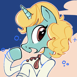 Size: 2048x2048 | Tagged: safe, artist:chipchapp, oc, oc only, oc:kit kat, pony, abstract background, big eyes, blonde mane, brown eyes, bubble, button-up shirt, clothes, curly mane, dress shirt, eyelashes, female, horn, looking back, mare, open mouth, open smile, ponysona, profile, profile picture, raised hoof, shirt, smiling, solo, sparkles, teal coat, unicorn horn, wingding eyes