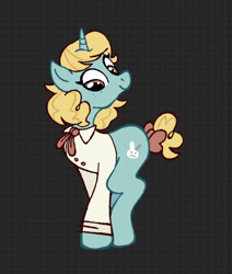 Size: 1062x1254 | Tagged: safe, artist:chipchapp, oc, oc only, oc:kit kat, pony, unicorn, big eyes, blonde mane, blonde tail, brown eyes, button-up shirt, clothes, curly mane, curly tail, dress shirt, female, freckles, horn, looking down, mare, patterned background, shirt, smiling, solo, standing, tail, tail bun, teal coat, tied tail, unicorn horn, unicorn oc, wingding eyes