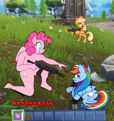Size: 1920x2048 | Tagged: safe, artist:chipchapp, applejack, pinkie pie, rainbow dash, earth pony, pegasus, pony, anthro, plantigrade anthro, g4, applejack's hat, blonde mane, blonde tail, blue coat, blue eyes, bruised, cowboy hat, curly mane, draw over, duo focus, female, folded wings, fortnite, frown, gun, gunfire, hat, holding, holding gun, hoof hold, injured, inventory, kneeling, lidded eyes, life bar, long mane, long tail, looking at someone, looking back, lying down, mare, mp5, multicolored hair, multicolored mane, multicolored tail, narrowed eyes, no catchlights, no tail, open mouth, open smile, orange coat, pink coat, pink mane, ponytail, prone, rainbow hair, rainbow tail, raised arm, scratches, screenshot background, smiling, standing on two hooves, submachinegun, tail, tied mane, tied tail, trio, trio female, uncanny valley, wavy mouth, weapon, wings