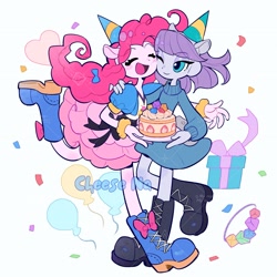 Size: 2631x2631 | Tagged: safe, artist:nainaier007, maud pie, pinkie pie, human, equestria girls, g4, balloon, boots, cake, clothes, collar, confetti, dress, eyes closed, female, food, heart, hug, one eye closed, present, shoes, siblings, sisters
