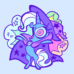 Size: 2048x2048 | Tagged: safe, artist:janegumball, part of a set, trixie, pony, unicorn, g4, big head, bipedal, blue background, blue coat, blue mane, blue sclera, blue tail, cape, chibi, clothes, colored sclera, enamel pin, eyelashes, female, hat, high res, horn, long mane, long tail, mare, narrowed eyes, open mouth, open smile, pin design, purple eyes, raised hooves, simple background, smiling, solo, sparkles, stars, tail, tongue out, trixie's cape, trixie's hat, two toned mane, two toned tail, unicorn horn, wide eyes