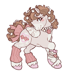 Size: 1699x1876 | Tagged: safe, artist:cocopudu, oc, oc only, pegasus, pony, g2, blush sticker, blushing, bow, bracelet, clothes, coat markings, commission, facial markings, flower, flower in hair, jewelry, leg warmers, mealy mouth (coat marking), necklace, pearl necklace, simple background, smiling, socks (coat markings), solo, starry eyes, tail, tail bow, turned head, unshorn fetlocks, white background, wingding eyes