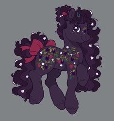 Size: 1928x2048 | Tagged: safe, artist:cocopudu, oc, oc only, earth pony, pony, g2, bow, ethereal mane, female, flower, flower in hair, flower in tail, freckles, gray background, hair bow, hair bun, hairclip, hoof on chest, mare, messy mane, simple background, smiling, solo, starry mane, tail, tail bow, unshorn fetlocks