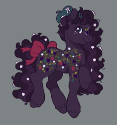 Size: 1928x2048 | Tagged: safe, alternate version, artist:cocopudu, oc, oc only, earth pony, pony, g2, beret, bow, ethereal mane, female, flower, flower in hair, flower in tail, freckles, gray background, hairclip, hat, hoof on chest, mare, simple background, smiling, solo, starry mane, style emulation, tail, tail bow, unshorn fetlocks