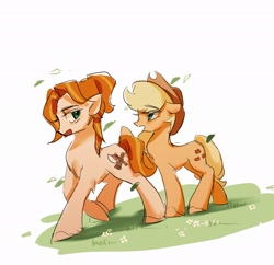 Size: 2034x1968 | Tagged: safe, artist:renjia254, applejack, earth pony, pony, crossover, female, grass, mare, open mouth, ponified, robin (stardew valley), simple background, stardew valley, white background