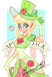 Size: 1460x2179 | Tagged: safe, artist:yizhitianmenga, applejack, human, g4, clothes, dress, grin, hat, humanized, smiling, solo