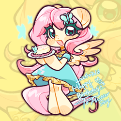 Size: 1500x1500 | Tagged: safe, artist:xinjinjumin861086036297, fluttershy, pegasus, semi-anthro, g4, abstract background, cake, clothes, dress, female, food, mare, open mouth, plate, smiling, standing