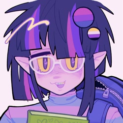 Size: 1920x1920 | Tagged: safe, artist:toycasino, twilight sparkle, equestria girls, g4, :3, alternate eye color, alternate hairstyle, backpack, bisexual pride flag, blush scribble, blushing, book, braces, bust, clothes, colored mouth, colored sclera, elf ears, fangs, female, freckles, glasses, heart, heart eyes, light skin, messy hair, multicolored hair, nonbinary pride flag, open mouth, open smile, pink background, pins, pride, pride flag, purple eyes, purple skin, redesign, shiny hair, simple background, smiling, solo, striped sweater, sweater, thick eyebrows, turtleneck, turtleneck sweater, wingding eyes, yellow sclera