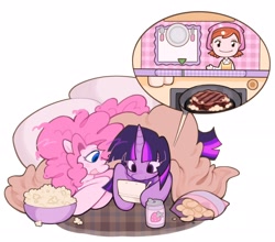 Size: 2048x1806 | Tagged: safe, artist:toycasino, pinkie pie, twilight sparkle, earth pony, pony, unicorn, g4, 3ds, blue eyes, blushing, chips, cooking mama, curly mane, curly tail, cute, diapinkes, drink, duo, duo female, eyelashes, female, food, gaming, holding, hoof hold, horn, lesbian, long mane, long tail, looking at someone, looking at something, lying down, mare, meat, multicolored mane, multicolored tail, nintendo ds, no catchlights, open mouth, open smile, pink mane, pink tail, playing video games, popcorn, potato chips, prone, purple coat, ship:twinkie, shipping, simple background, smiling, soda, soda can, steak, straight mane, straight tail, tail, twiabetes, under blanket, unicorn horn, unicorn twilight, white background