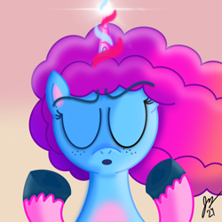 Size: 2048x2048 | Tagged: safe, artist:jesslmc16, idw, misty brightdawn, unicorn, g5, my little pony: set your sail, set your sail #1, bust, comic, digital art, female, freckles, gradient background, hooves, hooves up, horn, lens flare, magic, mare, portrait, procreate app, rebirth misty, scene interpretation, signature, solo, spell, wind
