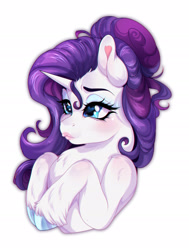 Size: 2060x2729 | Tagged: safe, artist:zugellywolf, rarity, pony, unicorn, g4, alternate hairstyle, blushing, bust, chest fluff, female, heart, heart eyes, hooves to the chest, horn, mare, pouty lips, shoulder blush, simple background, solo, unshorn fetlocks, white background, wingding eyes