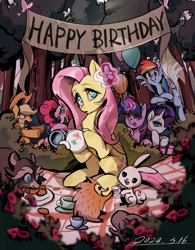 Size: 1284x1647 | Tagged: safe, artist:renjia254, angel bunny, applejack, fluttershy, pinkie pie, rainbow dash, rarity, twilight sparkle, earth pony, hedgehog, pegasus, pony, raccoon, unicorn, g4, balloon, bush, cookie, cup, eating, female, flower, food, forest, happy birthday, horn, magic, mane six, mare, nature, picnic blanket, plate, present, tea party, teacup, teapot, this will not end well, tree