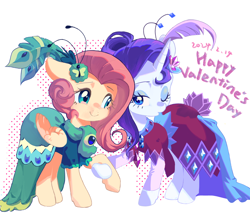 Size: 2186x1952 | Tagged: safe, alternate version, artist:qiuhu17819, fluttershy, rarity, pegasus, pony, unicorn, g4, clothes, dress, duo, female, holiday, horn, mare, simple background, text, valentine's day, white background