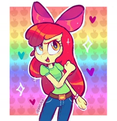 Size: 1585x1645 | Tagged: safe, artist:b4rkzal0t, apple bloom, human, equestria girls, g4, adorabloom, apple bloom's bow, arms, belt, blushing, bow, bracelet, child, clenched fist, clothes, collar, cute, denim, determined, fingers, fist, freckles, gradient background, hair bow, hand, happy, heart, jeans, jewelry, legs, long hair, looking at you, open mouth, pants, passepartout, patterned background, pose, puffy sleeves, rainbow background, shirt, smiling, solo, sparkles, t-shirt