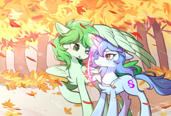 Size: 2500x1700 | Tagged: safe, artist:猞塔, oc, oc only, oc:dramatic fancy, oc:utopia, oc:zerol acqua, pegasus, pony, unicorn, disguise, disguised changeling, duo, female, high res, horn, leaf, leaves, mare, outdoors, shield, spread wings, tree, wind, wings