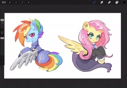 Size: 2048x1423 | Tagged: safe, artist:chonpsk, fluttershy, rainbow dash, pegasus, pony, g4, alternate timeline, apocalypse dash, artificial wings, augmented, clothes, crystal war timeline, cute, duo, duo female, female, half body, simple background, spread wings, wings