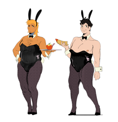Size: 1626x1696 | Tagged: safe, artist:bixels, big macintosh, soarin', human, worm, the grand galloping 20s, apple, arm hair, bunny ears, bunny suit, chest hair, clothes, crossdressing, cuffs (clothes), duo, duo female, eating, female, fishnet clothing, fishnet stockings, food, hand on hip, high heels, hot dog, humanized, male nipples, meat, natural hair color, nipples, playboy bunny, sausage, serving tray, shoes, stockings, thigh highs