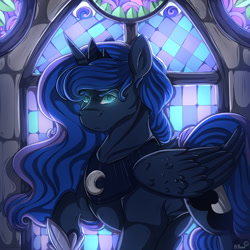 Size: 1000x1000 | Tagged: safe, artist:binibean, princess luna, alicorn, pony, g4, female, glowing, glowing eyes, looking at you, mare, raised hoof, signature, solo, stained glass, window