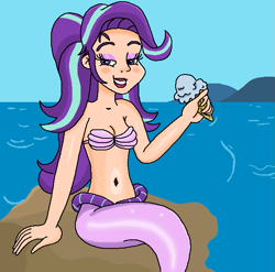 Size: 617x610 | Tagged: safe, artist:ocean lover, starlight glimmer, human, mermaid, g4, bare shoulders, beautiful, beautisexy, belly button, boulder, bra, breasts, clothes, curvy, eyeshadow, fins, fish tail, food, hourglass figure, human coloration, humanized, ice cream, ice cream cone, light skin, lipstick, long hair, makeup, mermaid tail, mermaidized, mermay, midriff, ms paint, ocean, outdoors, pretty, purple eyes, purple tail, seashell, seashell bra, sexy, sitting, sky, smiling, species swap, stupid sexy starlight glimmer, tail, tail fin, that human sure does love ice cream, two toned hair, underwear, water, wave