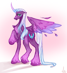 Size: 1680x1845 | Tagged: safe, artist:lunaalmond, opaline arcana, alicorn, pony, g5, curved horn, female, floppy ears, gradient background, horn, long legs, mare, one wing out, solo, tall, unshorn fetlocks, wings