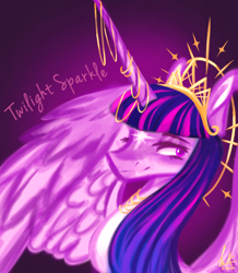 Size: 1484x1698 | Tagged: safe, artist:lunaalmond, twilight sparkle, alicorn, pony, bust, coat markings, crown, facial markings, female, horn, horn jewelry, jewelry, lidded eyes, long horn, mare, name, regalia, smiling, solo, star (coat marking), twilight sparkle (alicorn)