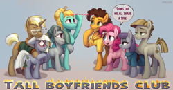 Size: 3244x1700 | Tagged: safe, artist:jewellier, cheese sandwich, limestone pie, marble pie, maud pie, mudbriar, pinkie pie, trenderhoof, zephyr breeze, earth pony, pegasus, pony, unicorn, series:ask the pie sisters, g4, ask, blushing, female, height, height difference, height joke, horn, limetsun pie, male, mare, pie sisters, ship:cheesepie, ship:maudbriar, shipping, siblings, sisters, size comparison, speech bubble, stallion, straight, tall boyfriends club, text, tsundere
