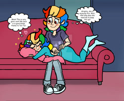 Size: 989x808 | Tagged: safe, artist:gustavocardozo97, artist:iamscar2017, rainbow dash, human, g4, back massage, blitzdash, blushing, crush, cute, duo, female, heart, humanized, in love, male, massage, mattress, pampering, pillow, rainbow blitz, relaxation, relaxing, romance, rule 63, shipping, spa, stars, thinking, thought bubble, thoughts, twinkle
