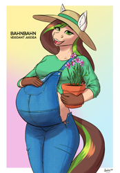 Size: 2610x3751 | Tagged: safe, artist:zendrid, oc, oc only, oc:verdant ardea, earth pony, anthro, belly, big belly, breasts, busty oc, clothes, eyebrows, eyebrows visible through hair, female, flower, gardening gloves, gloves, gradient background, hand on belly, hat, looking at you, mare, open mouth, open smile, overalls, potted plant, pregnant, smiling, smiling at you, solo, sun hat, text
