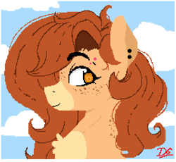 Size: 929x853 | Tagged: safe, artist:thelunarmoon, oc, oc only, oc:pencil test, earth pony, pony, bust, chest fluff, cloud, ear piercing, earring, facial markings, female, freckles, jewelry, mare, mealy mouth (coat marking), piercing, pixel art, sky background, solo