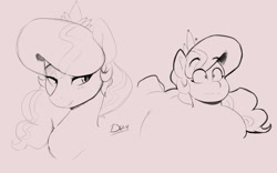 Size: 1176x735 | Tagged: safe, artist:thelunarmoon, diamond tiara, earth pony, pony, bust, eyebrows, eyebrows visible through hair, female, lidded eyes, monochrome, pink background, raised eyebrows, simple background, sketch, solo, style emulation
