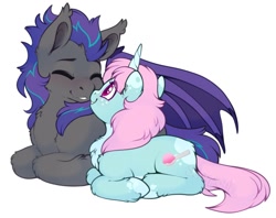 Size: 1260x1000 | Tagged: safe, artist:sekuponi, oc, oc only, oc:helios aster, oc:scoops, bat pony, pony, unicorn, blushing, boop, butt fluff, chest fluff, commission, duo, ear fluff, ear piercing, ear tufts, earring, eye clipping through hair, female, horn, jewelry, lying down, male, mare, nose to nose, piercing, prone, simple background, stallion, unshorn fetlocks, white background