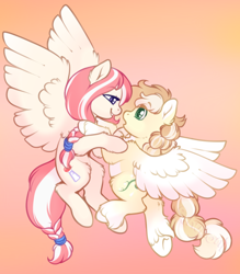Size: 700x800 | Tagged: safe, artist:sekuponi, oc, oc only, pegasus, pony, chest fluff, commission, duo, female, flying, gradient background, heart, heart eyes, mare, unshorn fetlocks, wingding eyes, ych result
