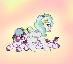 Size: 800x700 | Tagged: safe, artist:sekuponi, oc, oc only, pegasus, pony, zebra, butt, commission, duo, female, gradient background, hairband, heart, heart eyes, looking at you, looking back, looking back at you, lying down, mare, plot, prone, sitting on person, sitting on pony, tongue out, unshorn fetlocks, wingding eyes, ych result