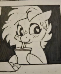 Size: 1705x2048 | Tagged: safe, artist:sekuponi, oc, oc only, earth pony, pony, black and white, cup, drink, drinking, drinking straw, female, food, grayscale, heart, heart eyes, mare, monochrome, sweat, traditional art, wingding eyes