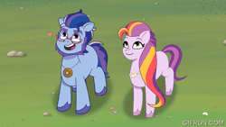 Size: 600x338 | Tagged: safe, screencap, argyle starshine, earth pony, pony, g5, my little pony: tell your tale, spoiler:g5, spoiler:my little pony: tell your tale, spoiler:tyts02e11, duo, duo male and female, female, gifrun.com, male, mare, stallion, sunny's mom, written in the starscouts