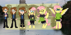 Size: 3671x1815 | Tagged: safe, artist:toffee-the-dingo, fluttershy, human, pegasus, anthro, unguligrade anthro, g4, brown hair, clothes, eyes closed, eyes open, high res, human to anthro, light skin, male to female, open mouth, real life background, sweater, sweatershy, transformation, transformation sequence, transforming clothes, transgender transformation