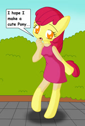 Size: 1352x2004 | Tagged: safe, artist:sin-r, apple bloom, earth pony, human, pony, g4, age regression, breasts, clothes, dress, female, human to pony, mid-transformation, open mouth, solo, speech bubble, transformation, younger