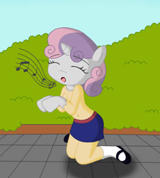 Size: 1628x1800 | Tagged: safe, artist:sin-r, sweetie belle, human, pony, unicorn, g4, age regression, breasts, clothes, eyes closed, female, horn, human to pony, kneeling, mid-transformation, music notes, open mouth, partial nudity, shoes, singing, skirt, socks, solo, strategically covered, topless, transformation, younger